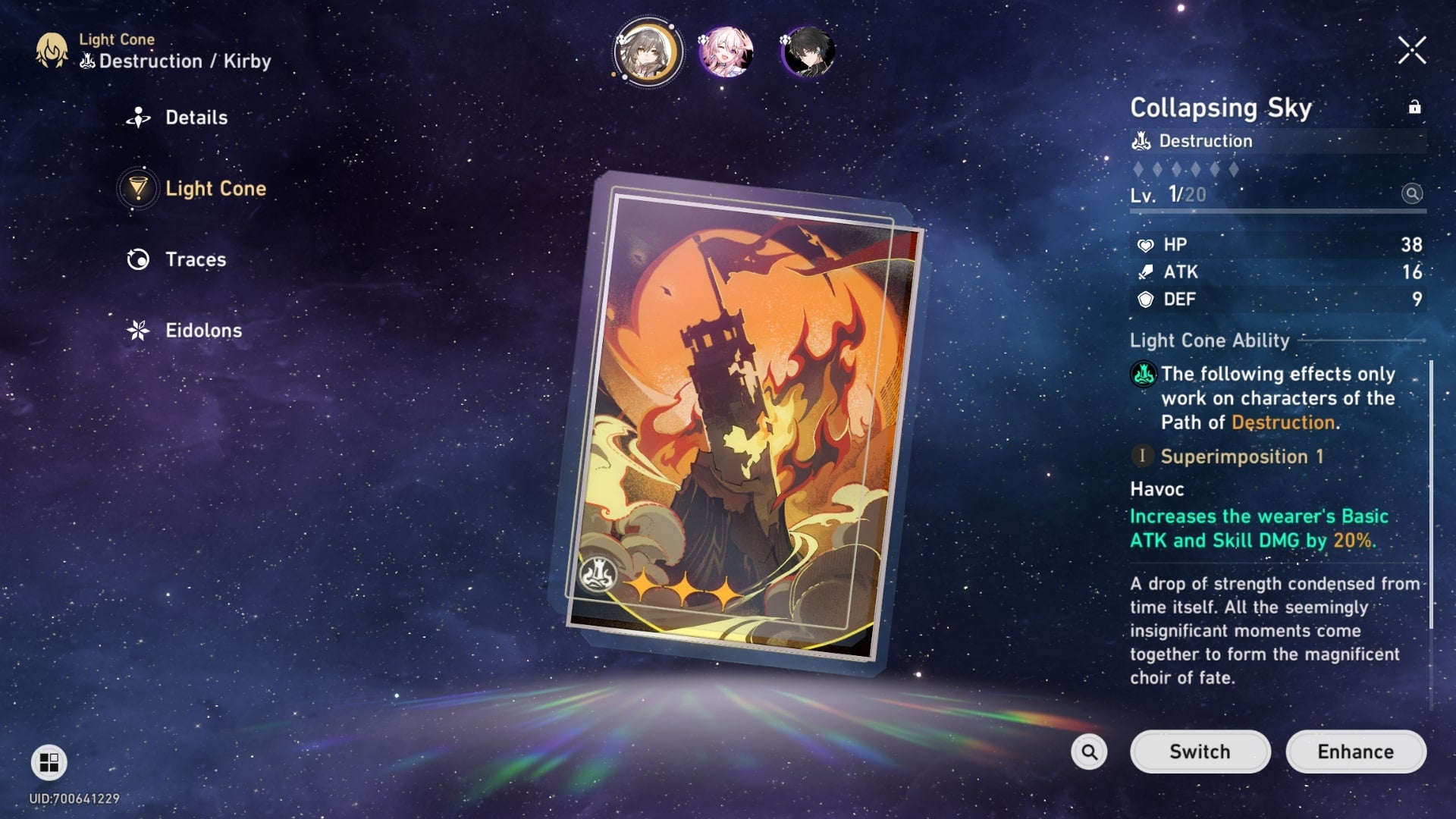 The menu displaying the Collpasing Sky Light Cone in Honkai Star Rail - 5