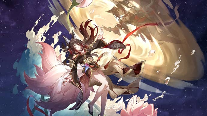 Splash art of Fugue, Tingyun’s 5-Star form, in Honkai Star Rail, on a deep blue space background.