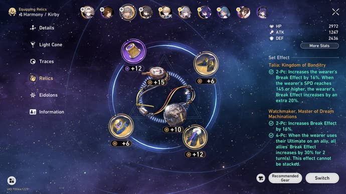 The Harmony Trailblazer's Relics and Ornaments are shown in the character menu of Honkai Star Rail
