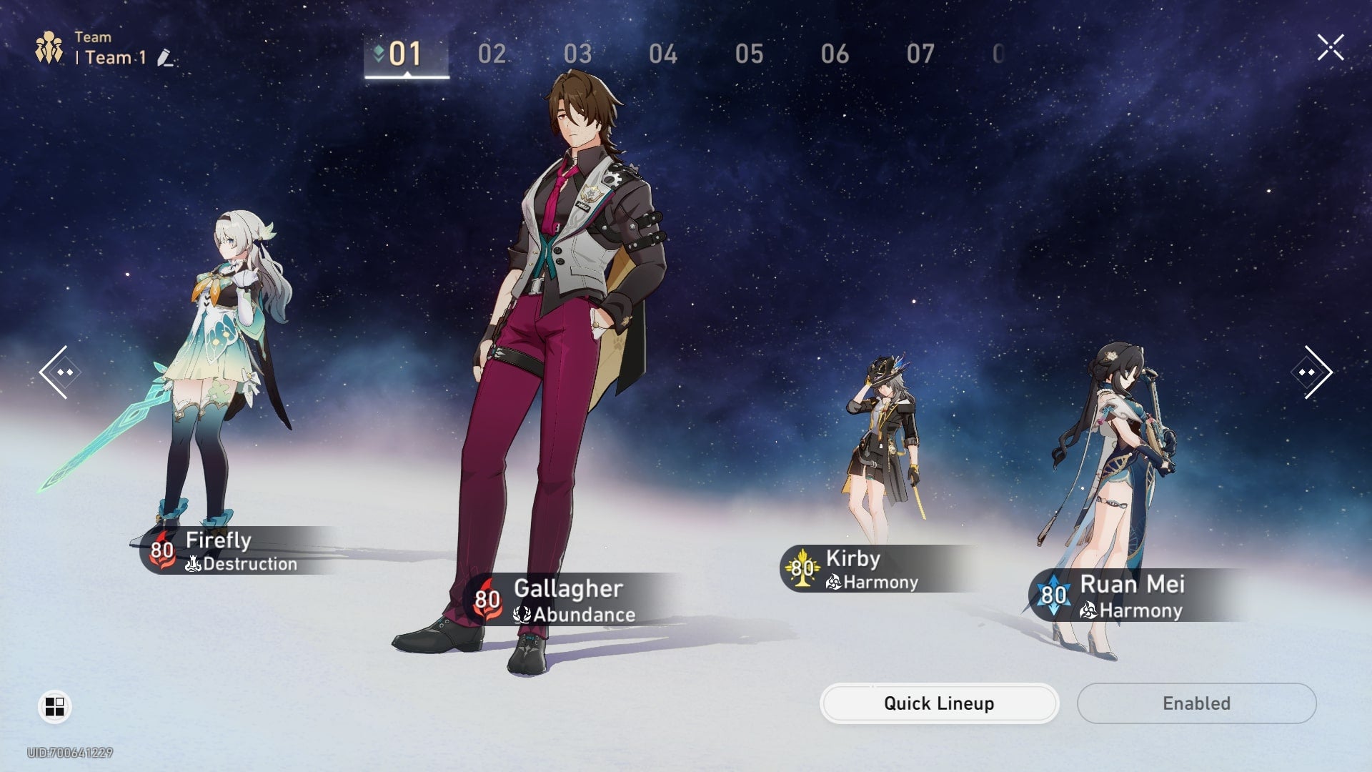 From left to right: Firefly, Gallagher, Harmony Trailblazer, and Ruan Mei are shown on the team lineup screen in Honkai Star Rail - 5