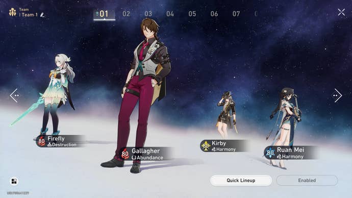 From left to right: Firefly, Gallagher, Harmony Trailblazer, and Ruan Mei are shown on the team lineup screen in Honkai Star Rail