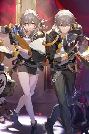 Cropped splash art of the male and female Trailblazer in their Harmony Path in Honkai Star Rail.