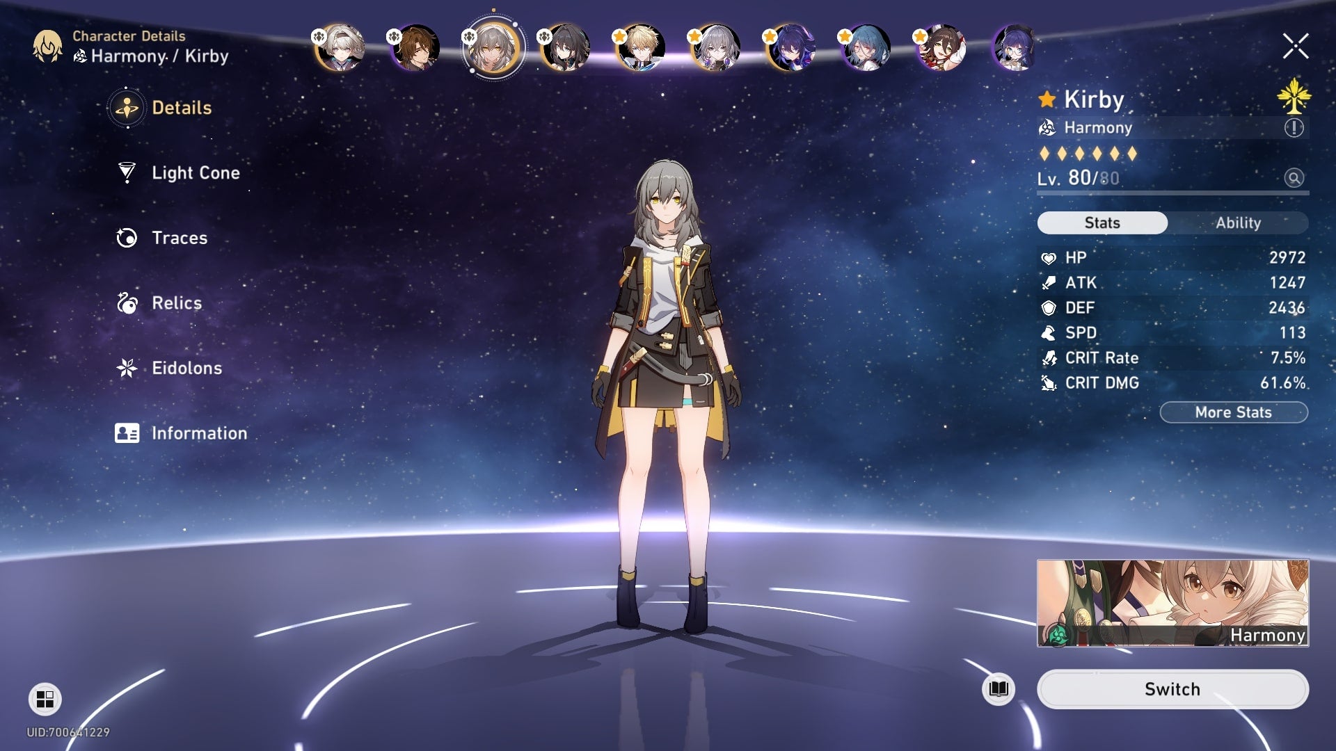 The Harmony Trailblazer is shown in the character menu in Honkai Star Rail - 3