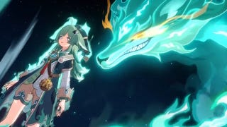 huohuo using her ultimate to make what resembles a giant green glowing wolf spirit appear behind her