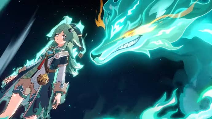 huohuo using her ultimate to make what resembles a giant green glowing wolf spirit appear behind her