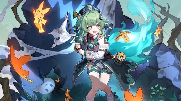 character huo huo splash art of a green haired young woman holding a white flag and shivering in fear, with spirits surrounding her