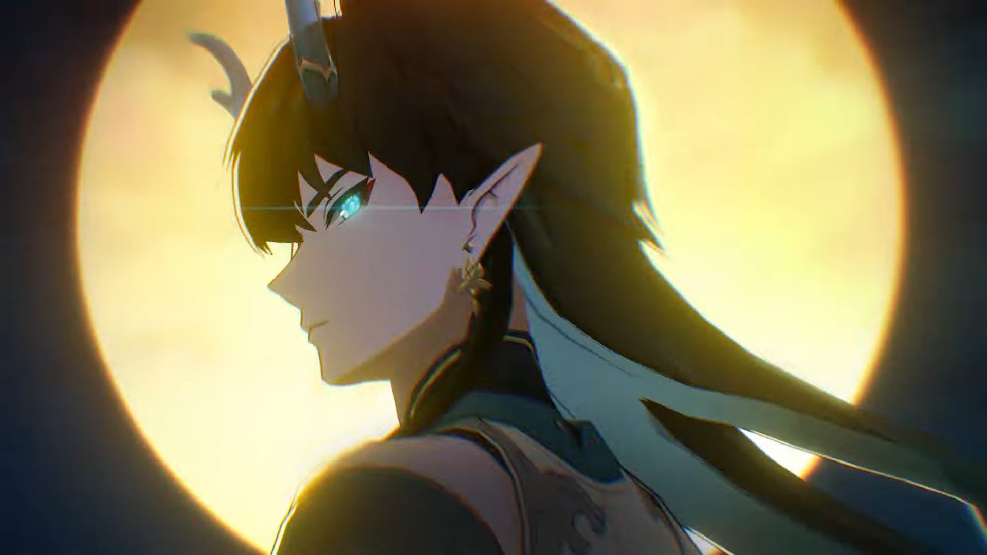 Imbibitor lunae looking side on to the left with glowing eyes and a full yellow moon framing him in the background.