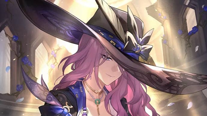 Cropped view of Jade’s Light Cone from Honkai Star Rail, as she looks down with a bright light shining down on her.