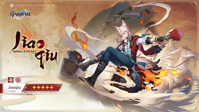 Jiaoqiu drip marketing for Honkai: Star Rail with his splash art, element, and path details.