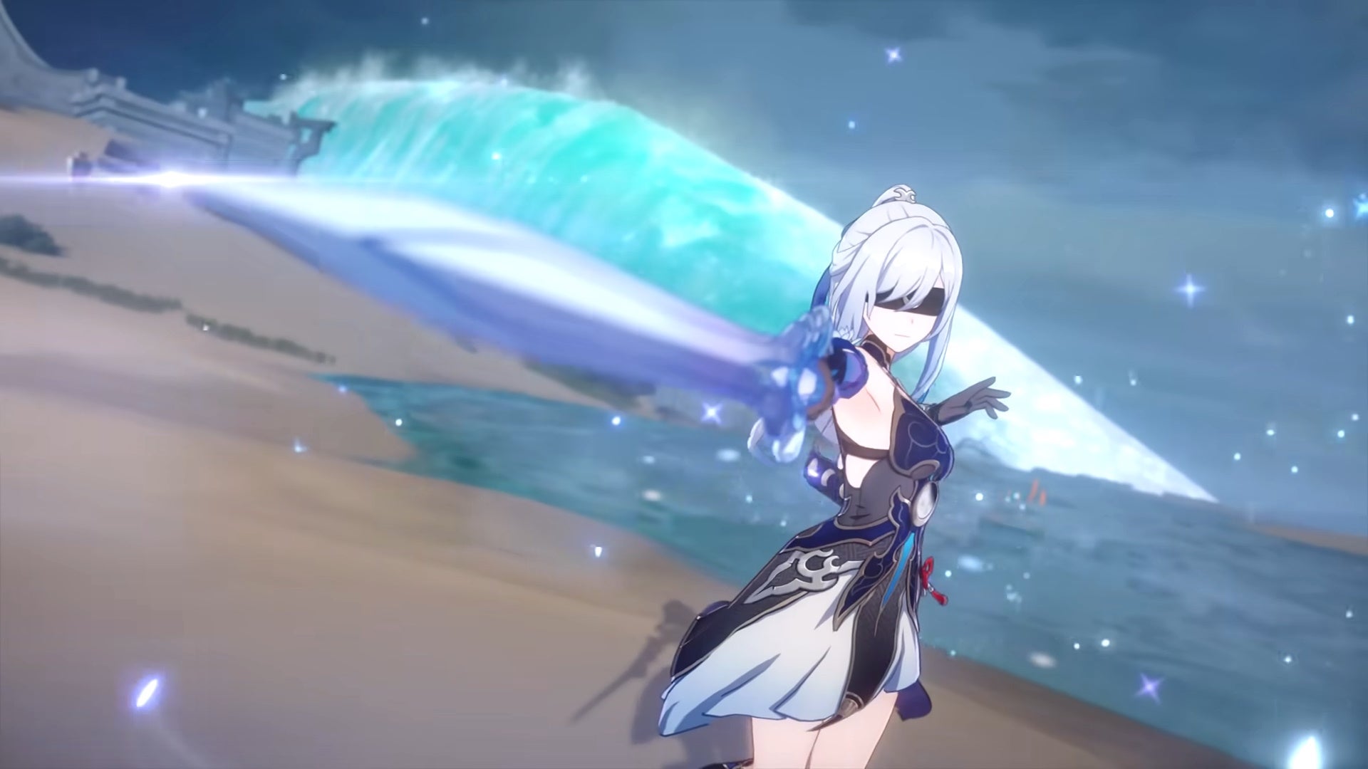 jingliu with blindfold on pointing sword with a beach and ocean backdrop