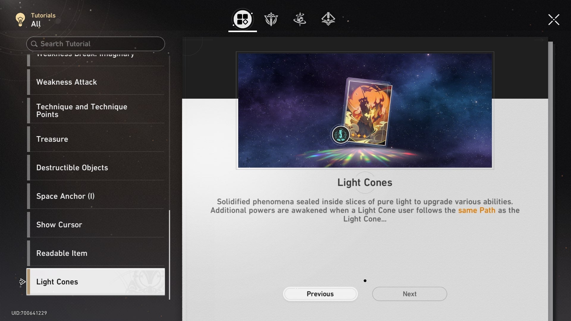 The Light Cone tutorial note in Honkai Star Rail, detailing how to use Light Cones - 3