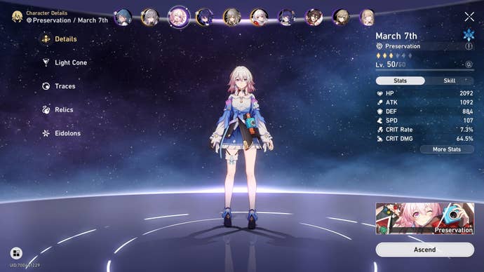 March 7th details in the character menu in Honkai Star Rail