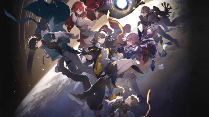 a planet on a black background and a feint yellow glow, with characters dan heng, himeko, welt, march 7th, and the male and female trailblazer posed over the planet