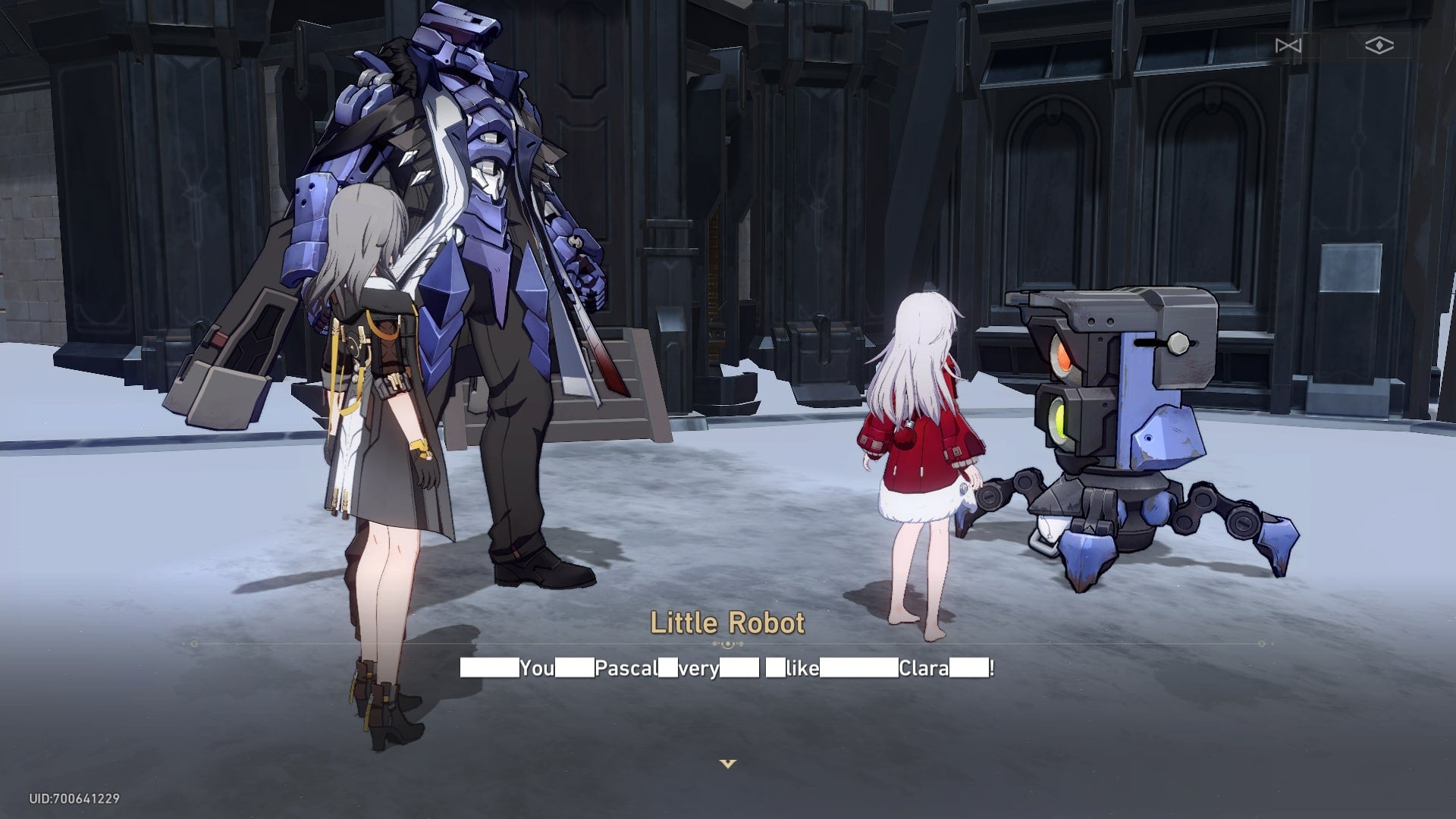 Clara, Svarog, and the Trailblazer speak with the malfuctioning robot, Pascal, in Honkai Star Rail