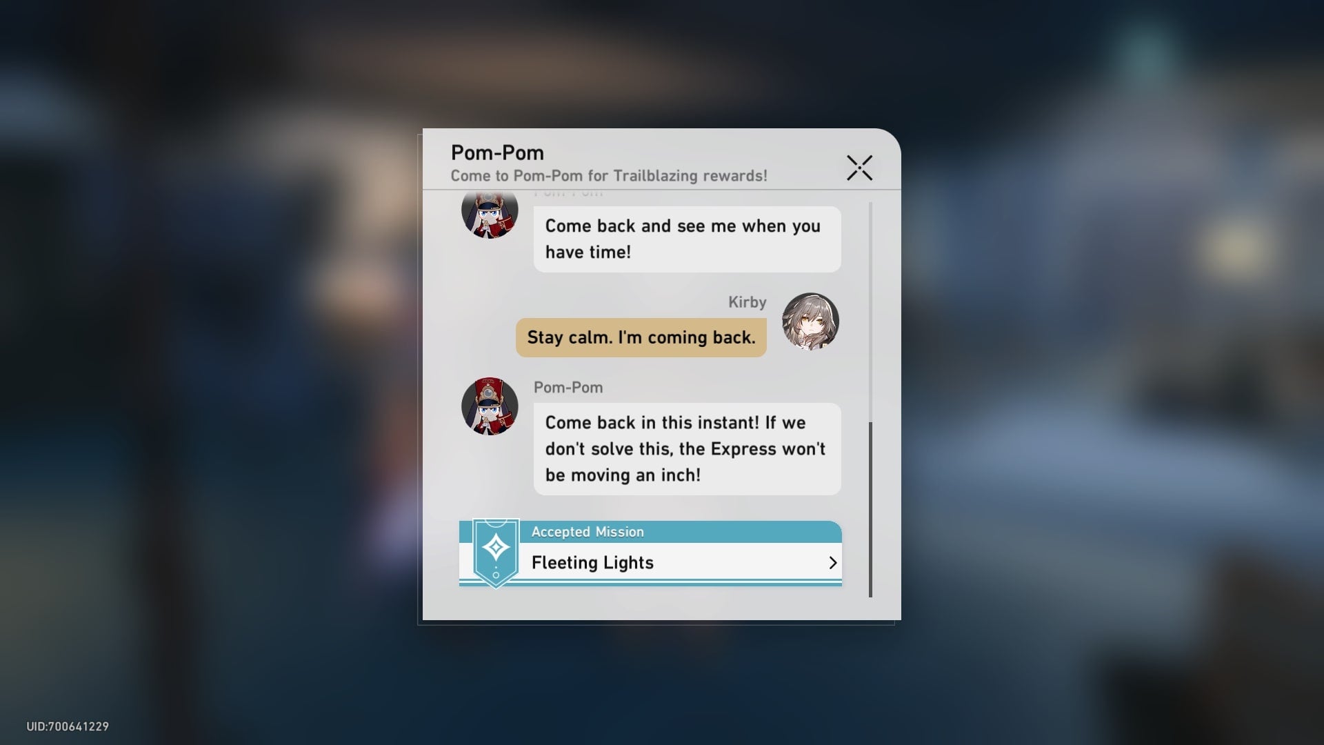 An urgent message from Pom Pom, on the players in-game phone, in Honkai Star Rail