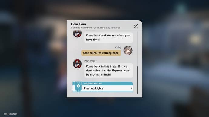 An urgent message from Pom Pom, on the players in-game phone, in Honkai Star Rail