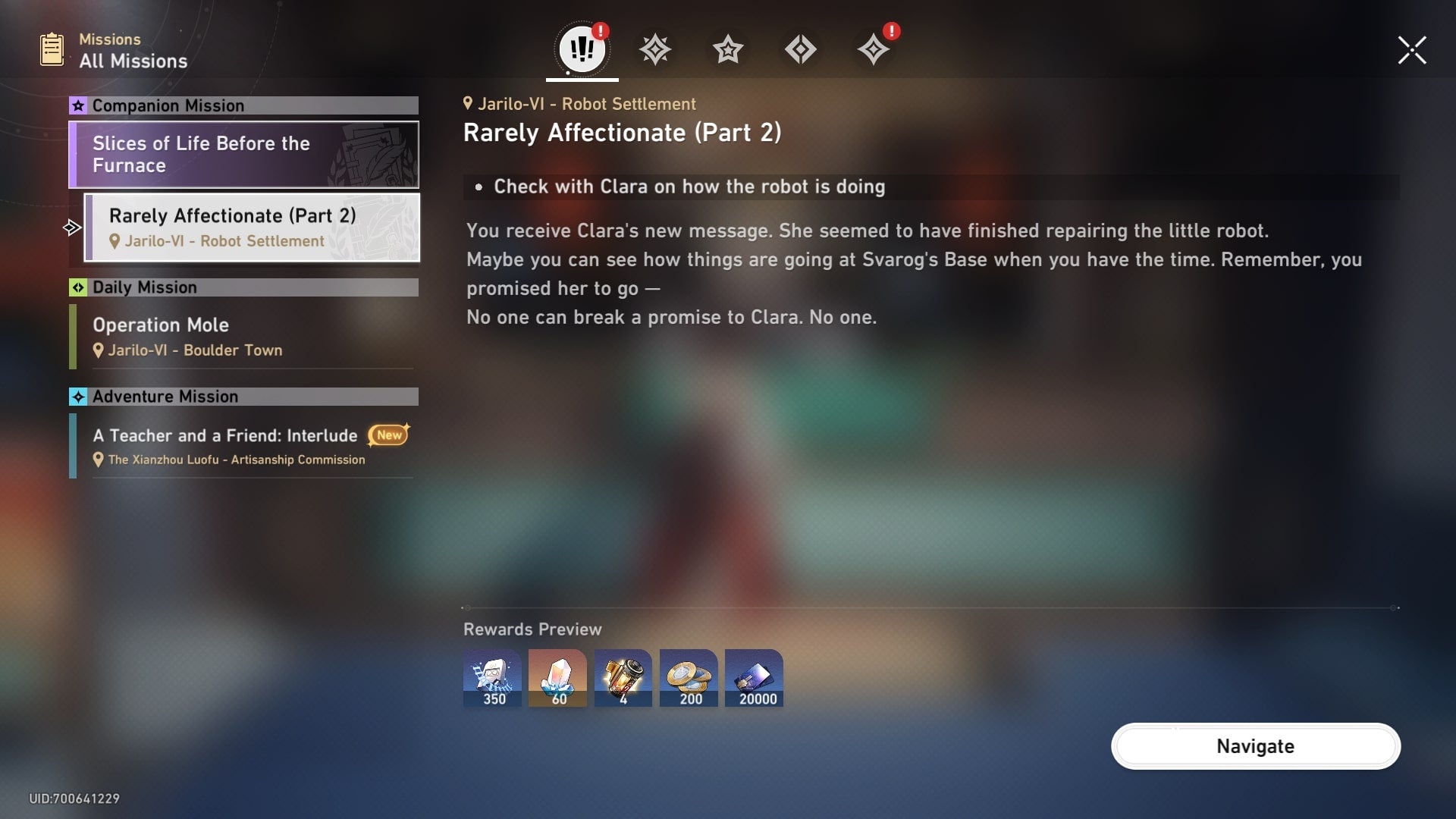 The quest description for the Clara's companion quest, Rarely Affectionate Part 2, in Honkai Star Rail - 3