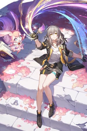 Cropped splash art of Stelle as the Remembrance Pioneer in Honkai Star Rail.