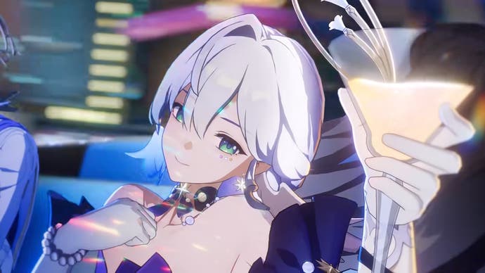 Robin holding a cocktail glass up while riding in a car from the 2.0 trailer for Honkai Star Rail.