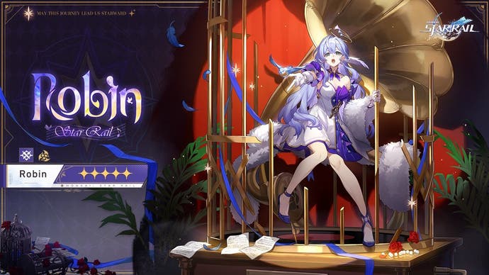 Drip marketing for Robin in Honkai: Star Rail, a violet haired lady wearing a white and blue dress on a stage.