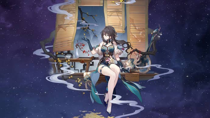 splash art of ruan mei on a dark blue background of space, and ruan mei is a long brown haired woman who wears a green leotard with short white sleeves