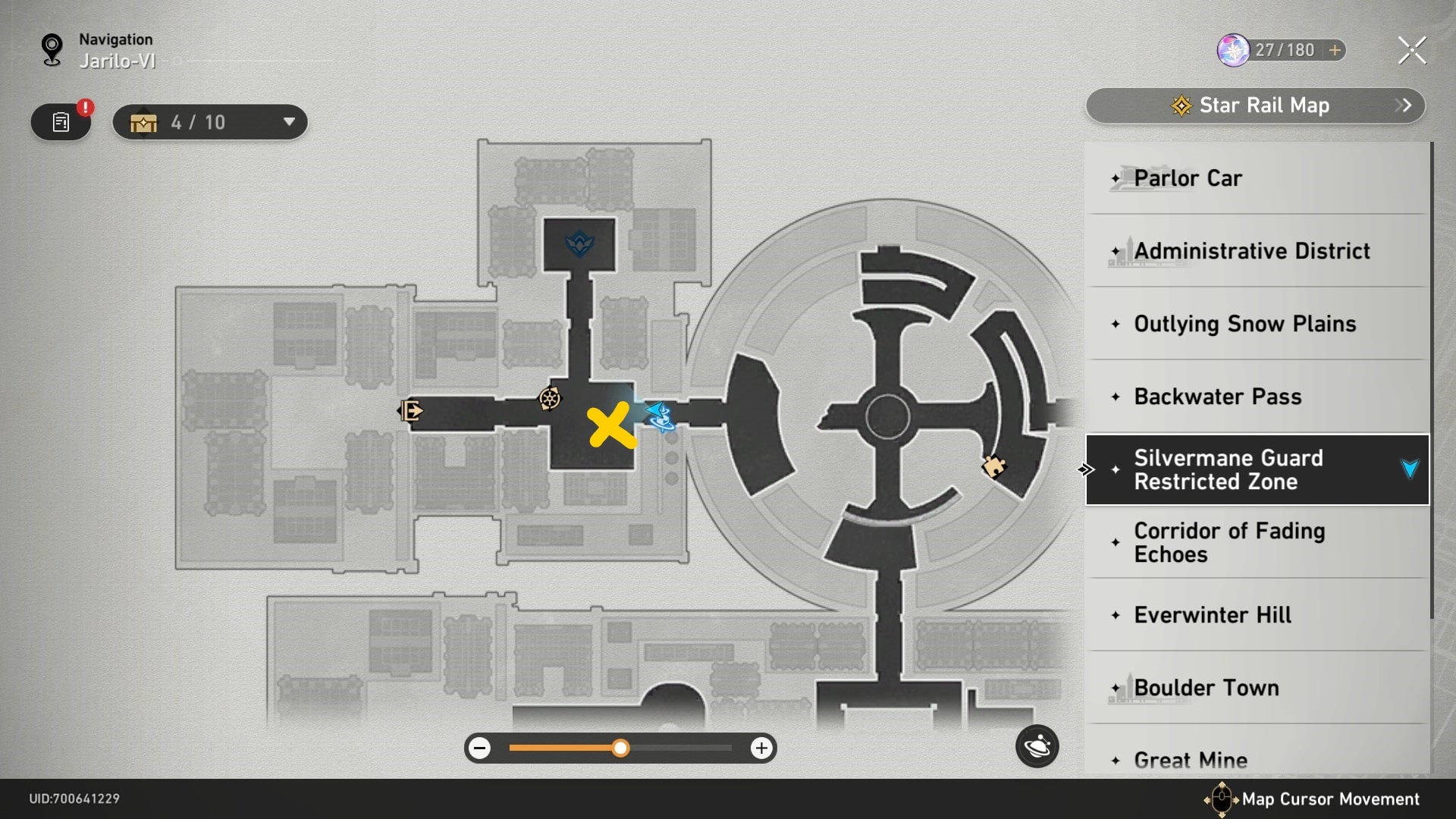 A map of Silvermane Guard Restricted Area with some treasure marked on it in Honkai Star Rail