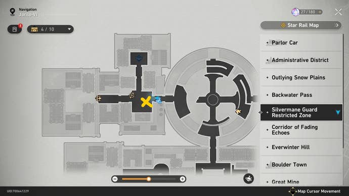 A map of Silvermane Guard Restricted Area with some treasure marked on it in Honkai Star Rail