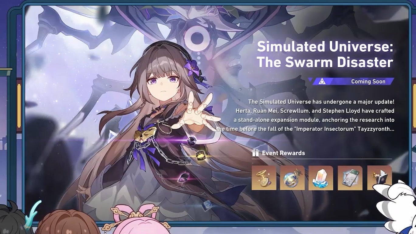 Picture of herta character with pictures of rewards for the swarm disaster event to her right.