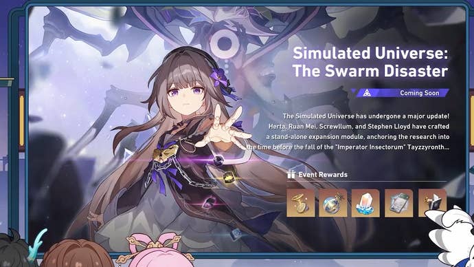 Picture of herta character with pictures of rewards for the swarm disaster event to her right.