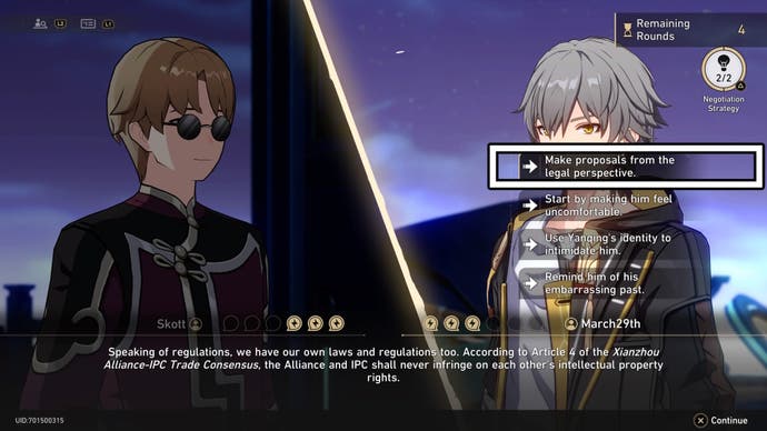 A white rectangle showing the correct answer to the debate against Skott in Honkai Star Rail.