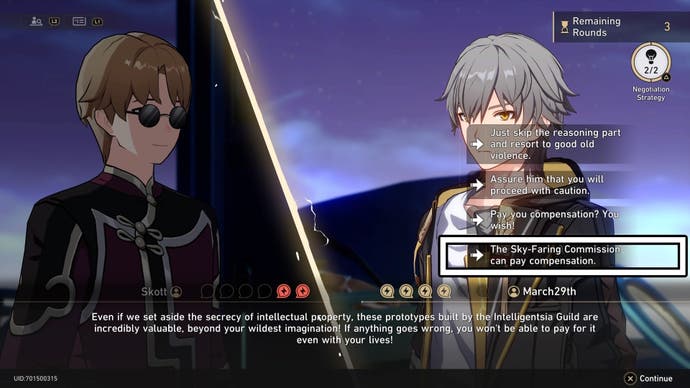 A white rectangle showing the correct answer to the debate against Skott in Honkai Star Rail.
