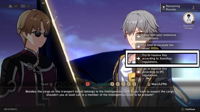 A white rectangle showing the correct answer to the debate against Skott in Honkai Star Rail.