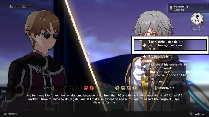 A white rectangle showing the correct answer to the debate against Skott in Honkai Star Rail.