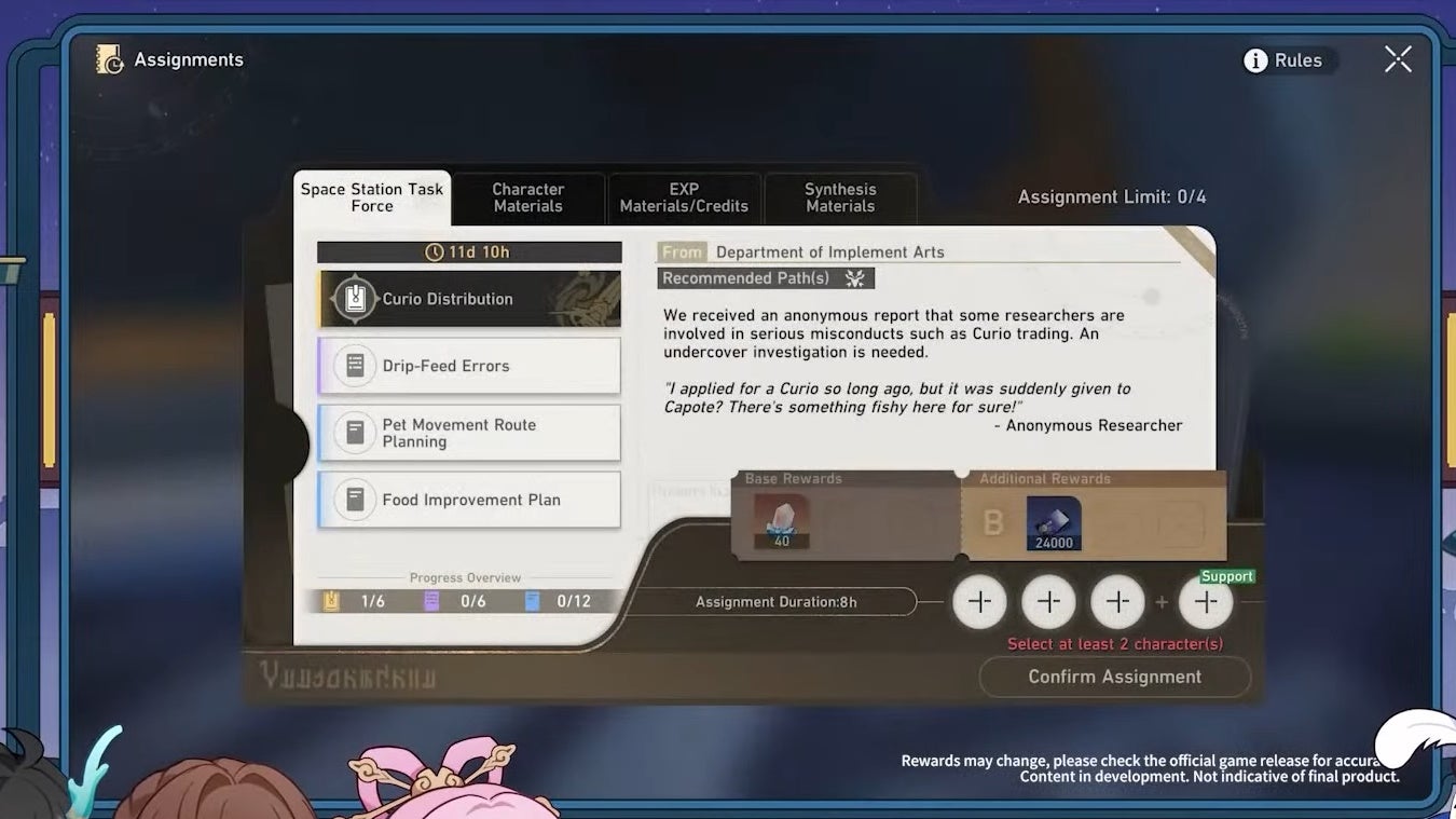 The assignments menu showing the task force event assignments.