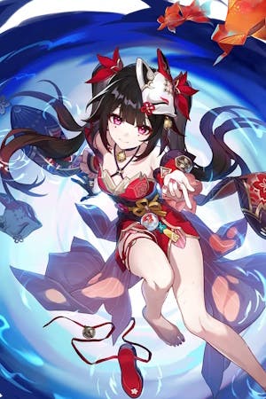 cropped splash art of sparkle, a woman with long brown hair in a red dress with a white mask on the side of her head