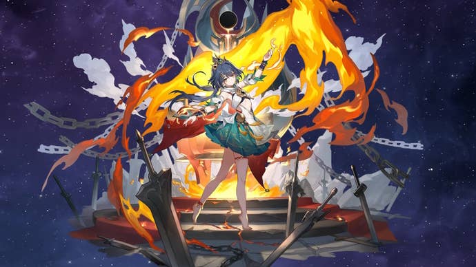 Splash of Yunli from Honkai Star Rail on a deep blue, starry night background.