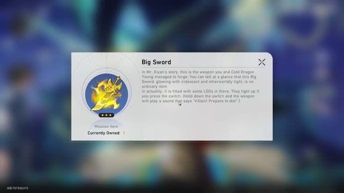 Menu showing the image and description of the divine weapon after calling it Big Sword.