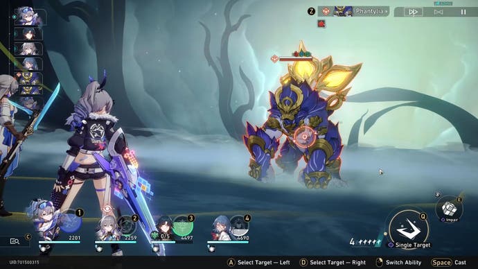 Combat showing Silver Wolf facing a Malefic Ape enemy with the Phantylia name.