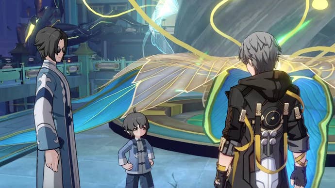 Cropped image of the Male Trailblazer speaking with Xiyan and the child actor.