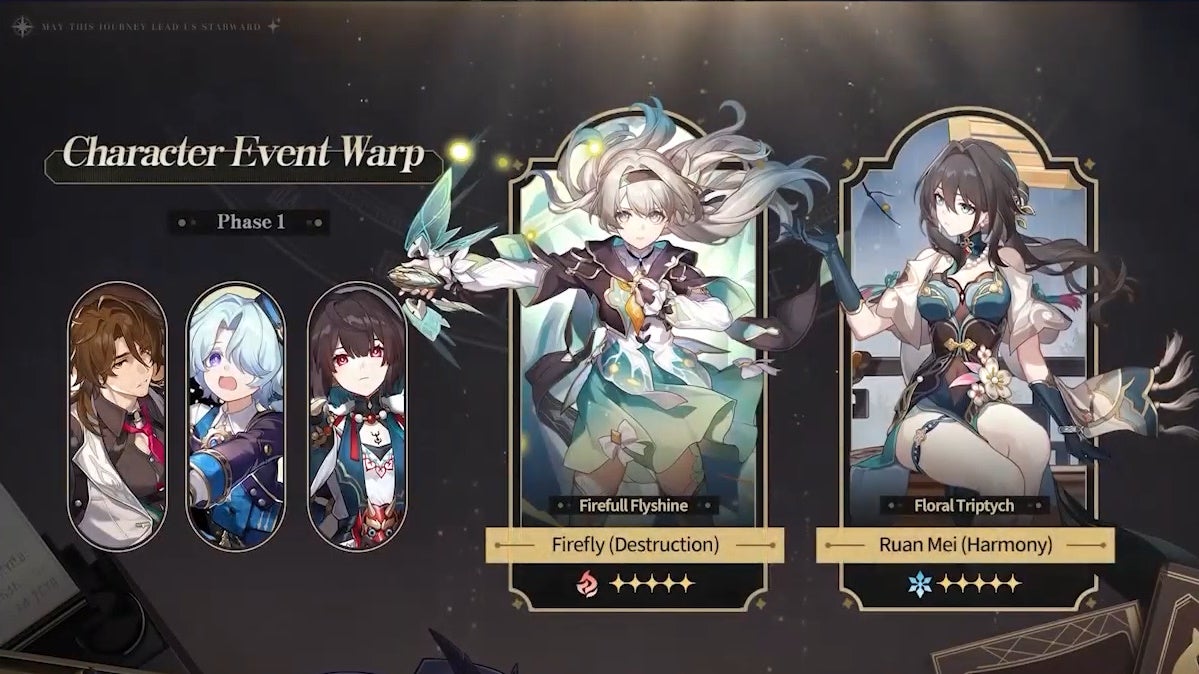 Newxt character Banners for Phase 1 of Honkai Star Rail in version 2.3 with Firefly, Ruan Mei, Gallagher, Misha, and Xueyi.