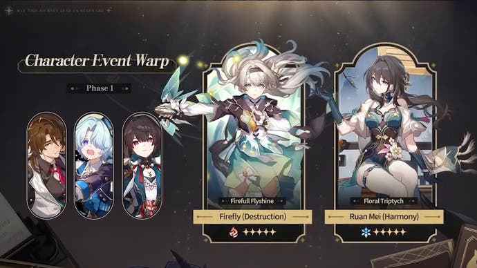 New character banners for phase 1 of Honkai Star Rail in version 2.3 with Firefly, Ruan Mei, Gallagher, Misha and Xueyi.