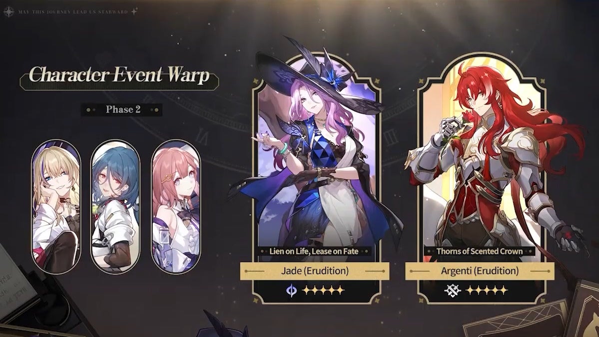 Newxt character Banners for Phase 2 of Honkai Star Rail in version 2.3 with Jade, Argenti, Serval, Natasha, and Asta.