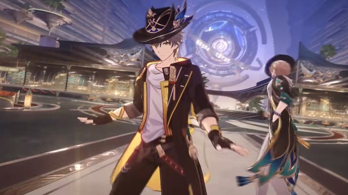 The Harmony path male version of the Trailblazer dancing with Aventurine in the 2.0 trailer for Honkai Star Rail.