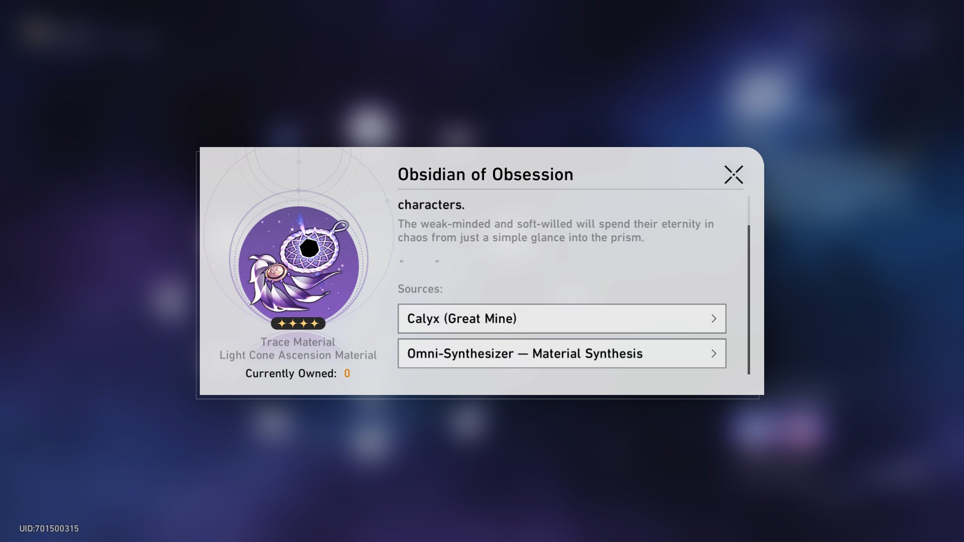 menu of a purple obsidian of obsession item that resembles a dreamcatcher, on a blurred blue background