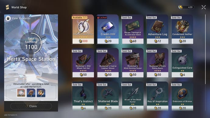 menu of the herta space station world shop showing all but two items purchases, with the claimed rewards displayed to the left