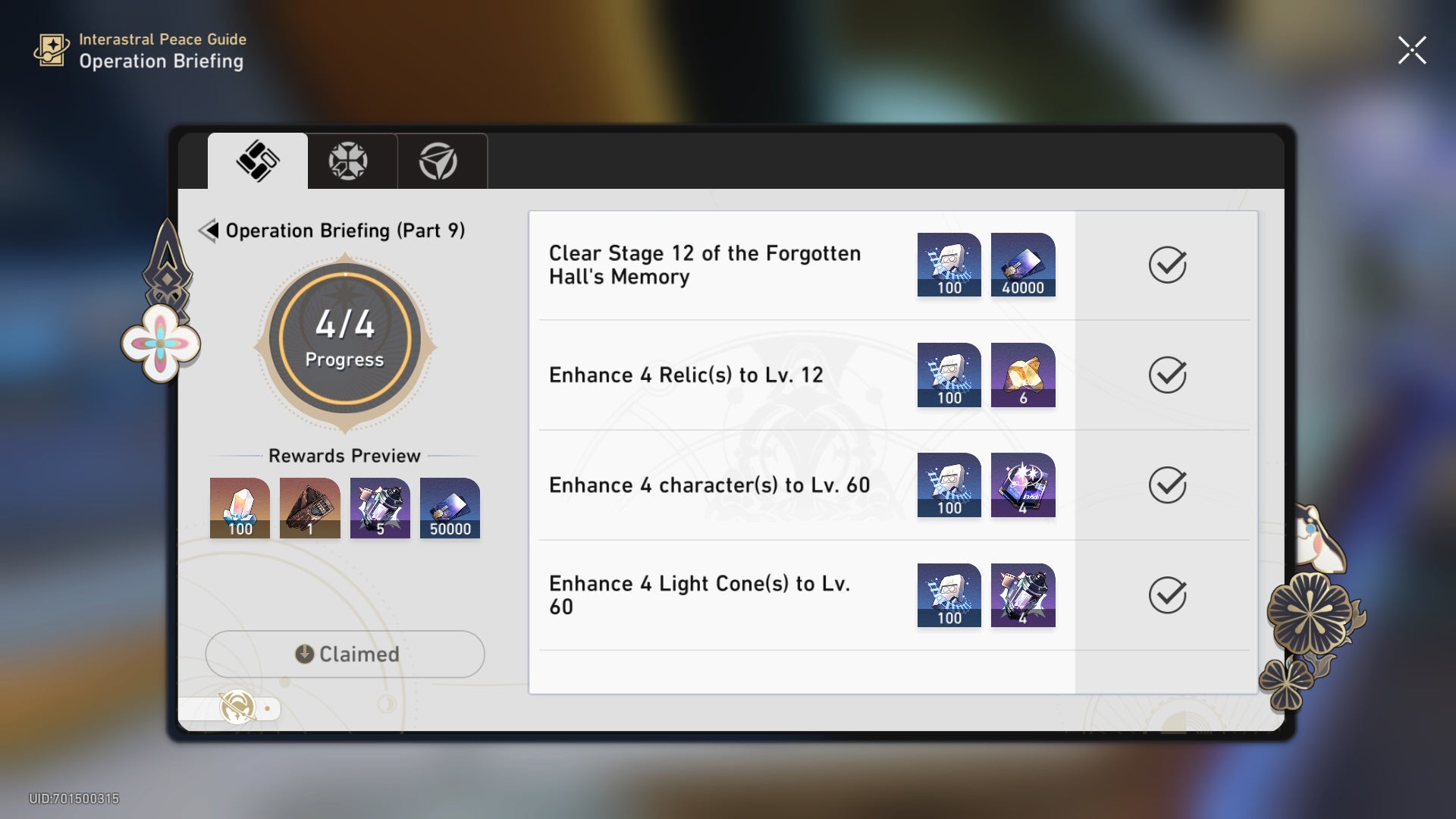 menu of the operation briefing task screen showing completed challenges and their rewards