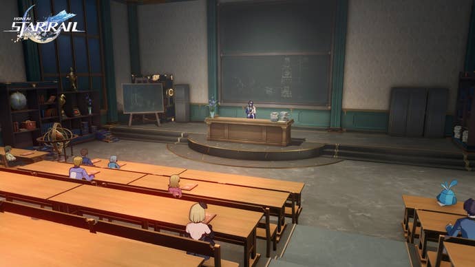 Dr Ratio standing in a lecture hall at Paperfold Academy in Honkai Star Rail.