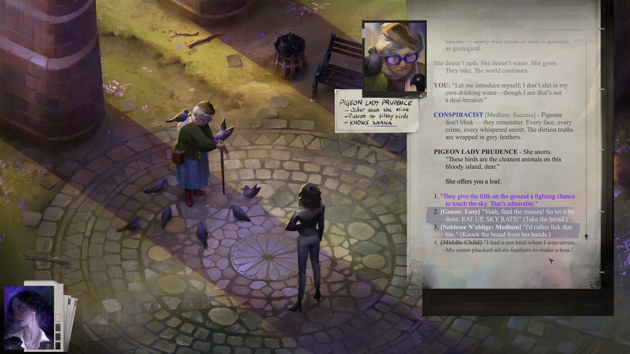 The main character talks to a lady feeding pigeons in RPG Hopetown. - 3