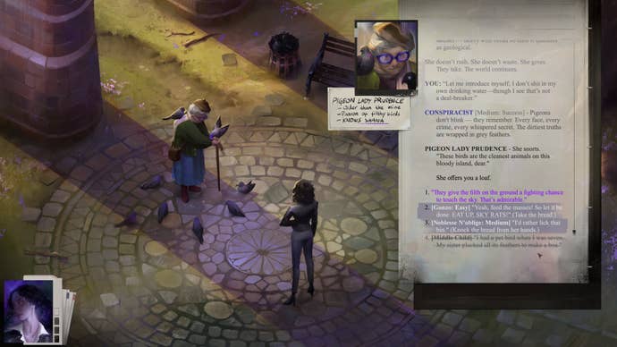 The main character talks to a lady feeding pigeons in RPG Hopetown.