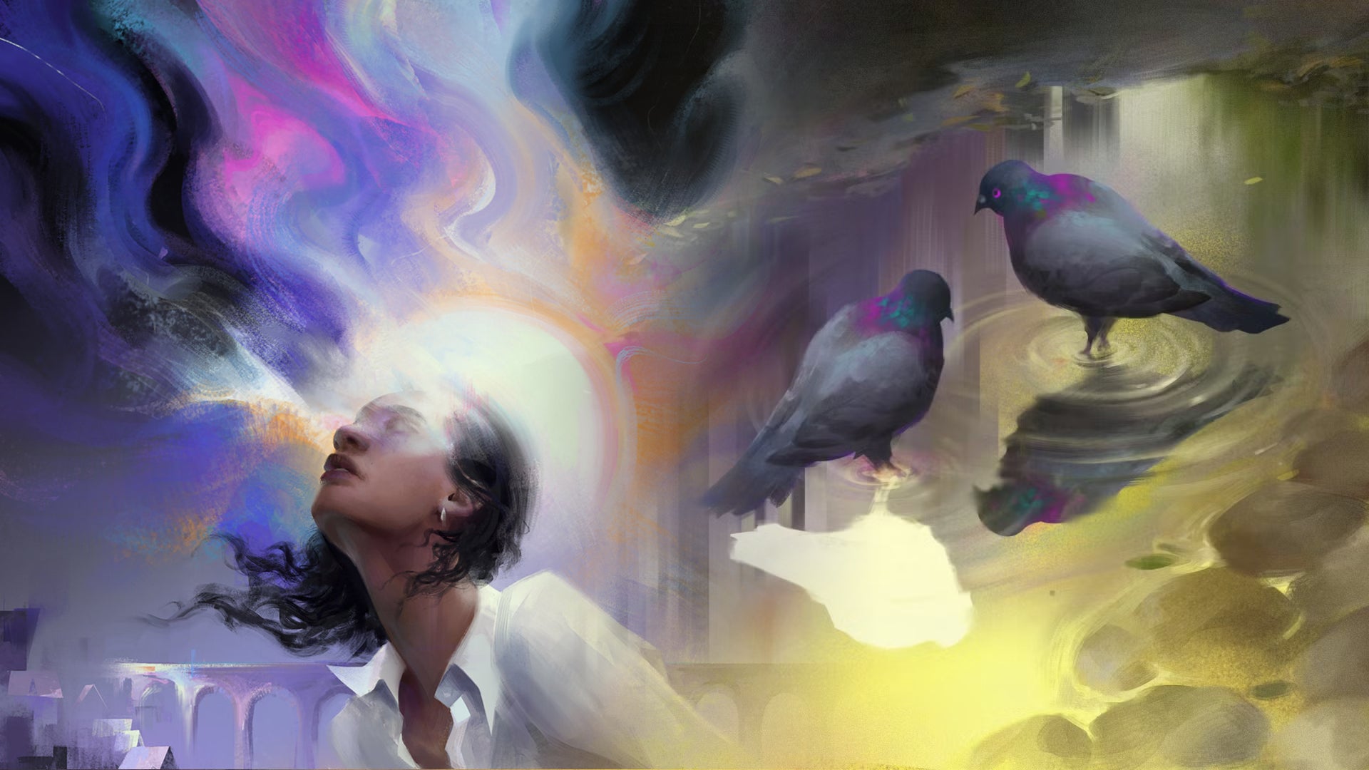 Two images from Longdue's Hopetown merged together; a woman with light coming from her eyes, and two pigeons standing in a puddle. - 1